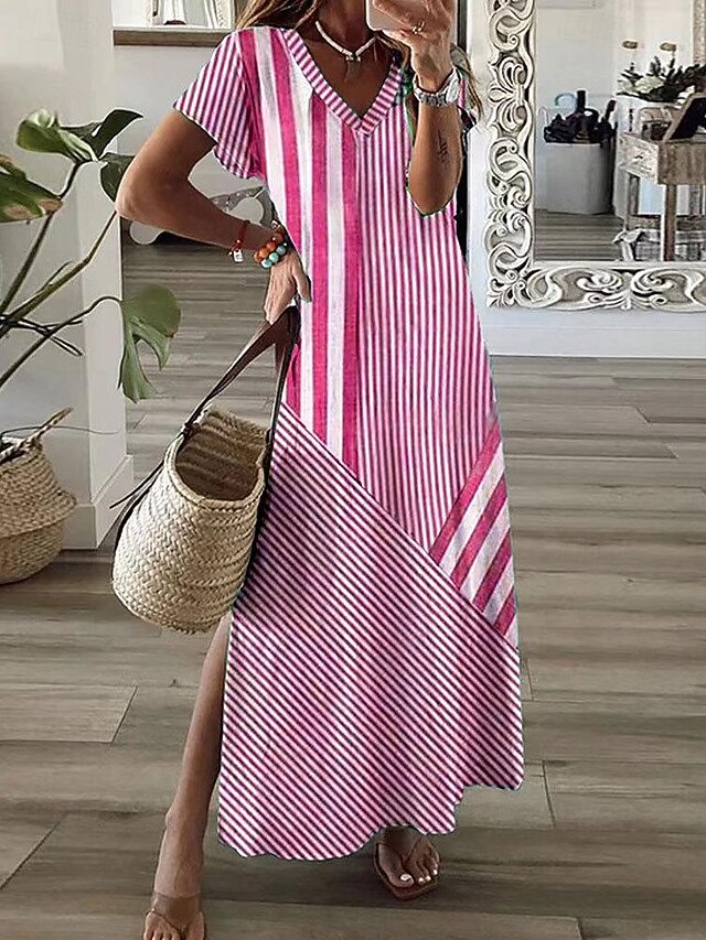  dámské ležérní šaty proužek patchwork potisk v krku midi šaty elegantní stylové rande dovolená léto podzim