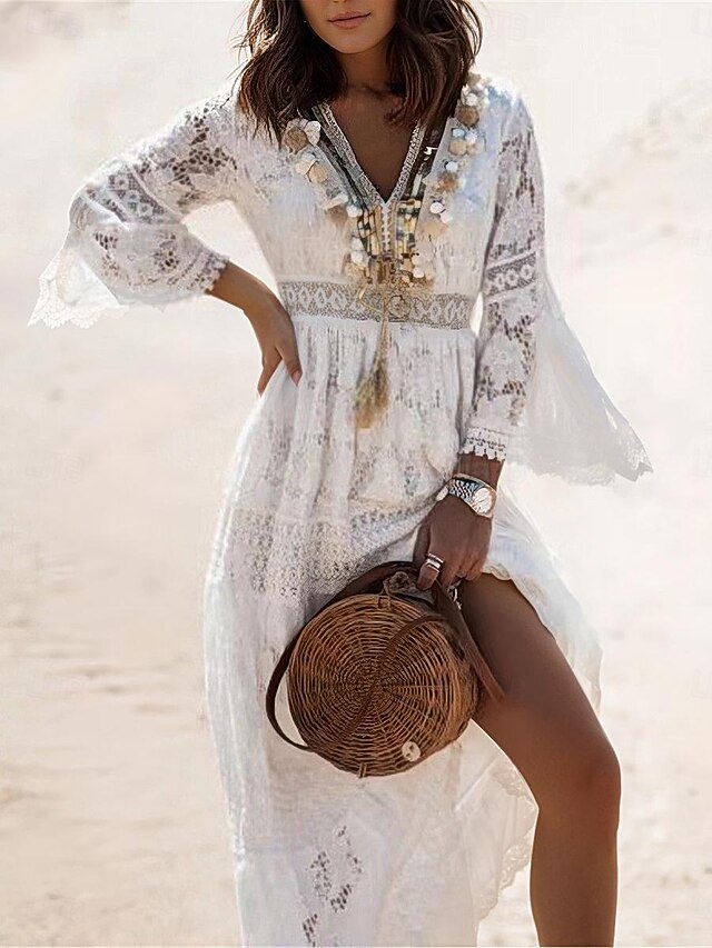 Women's Maxi Dress White Dress White Lace Wedding Dress Boho Chic Dresses Boho Dress Elegant Bohemia A Line Vacation Holiday Regular Fit Plain Long Sleeve V Neck White Apricot Summer 9