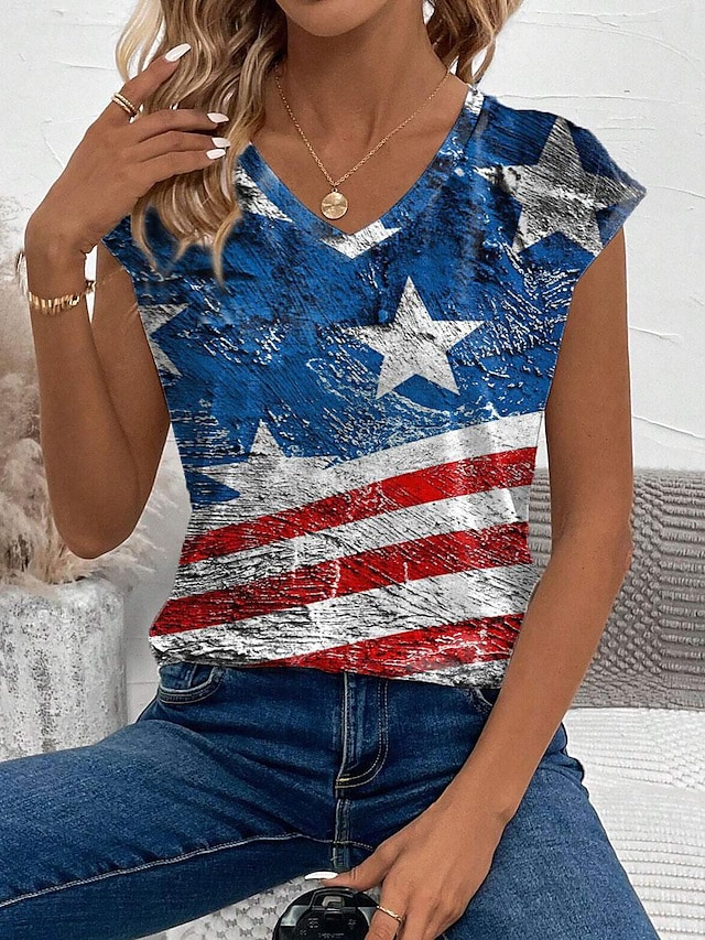  Dame T-shirt Amerikansk flag Uafhængighedsdagen Daglig Afslappet Kortærmet V-hals Blå Sommer