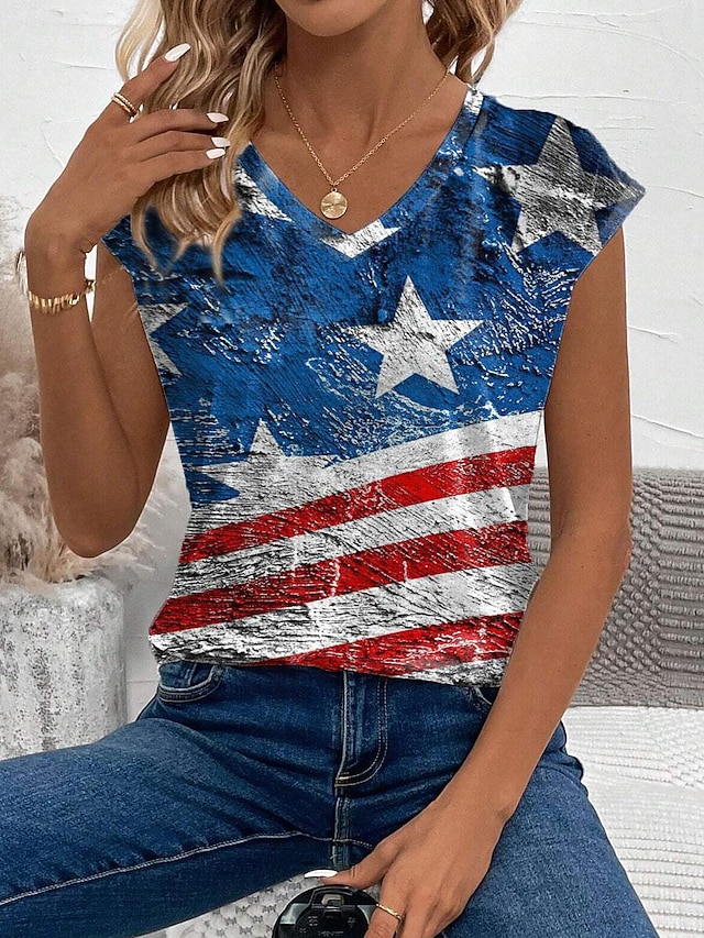 Women's Patriotic  Camisole Tank Top American Flag Casual Short Sleeve V Neck Regular Tops Daily Blue Summer4