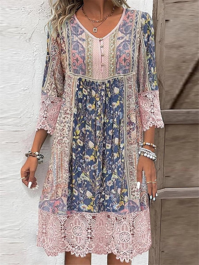  Per donna Mini abito Abito casual Abito estivo Abito boho Informale Boho Da mare Giornaliero Morbido Floreale Manica a 3/4 A V Rosa Estate
