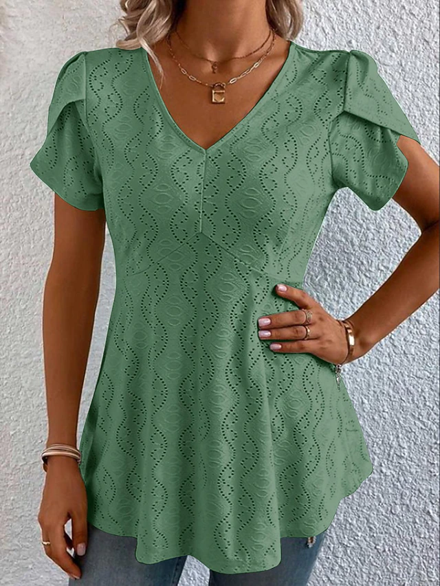 Women's Shirt Blouse Casual Cut Out Short Sleeve Regular Tops V Neck Daily White Blue Purple Green Summer 5