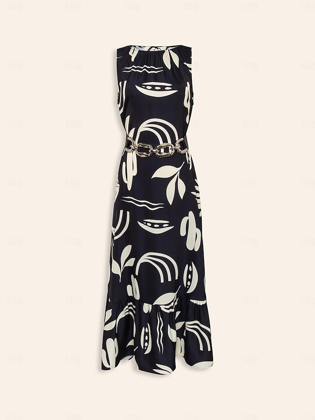  Mulheres Vestido casual Vestido Longo Preto Azul Royal Sem Manga Folhas Primavera Verão Arredondar Casual Diário férias na praia S M L