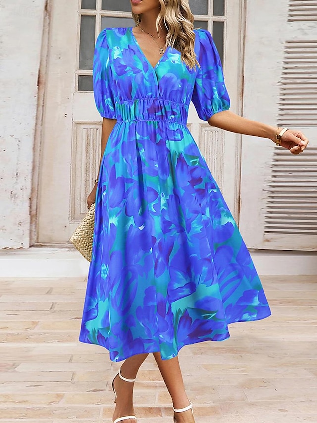  Femme Robe mi-longue Robe casual Robe Évasée Robe Trapèze Robe d'été mode Décontractées Vacances du quotidien Rendez-vous Standard Floral Manche Courte Col V Rose Claire Bleu Orange Vert Eté