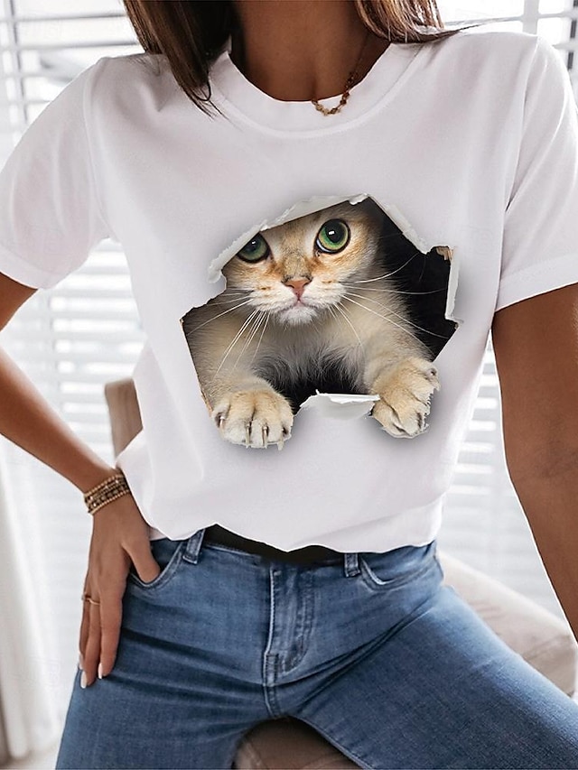  Dam T-shirt Rolig T -shirt Svart Vit Grafisk Katt Mönster Kortärmad Ledigt Dagligen Grundläggande Rund hals Normal 100 % bomull 3D Cat S