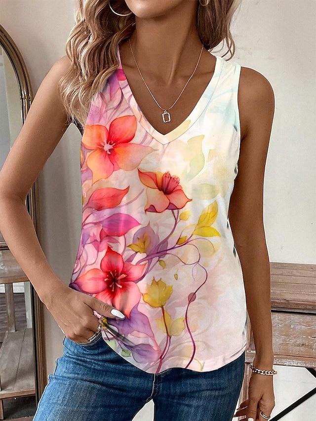  Damen Tank Top Täglich Stilvoll Ärmellos Ärmellos V Ausschnitt Rosa Sommer Frühling