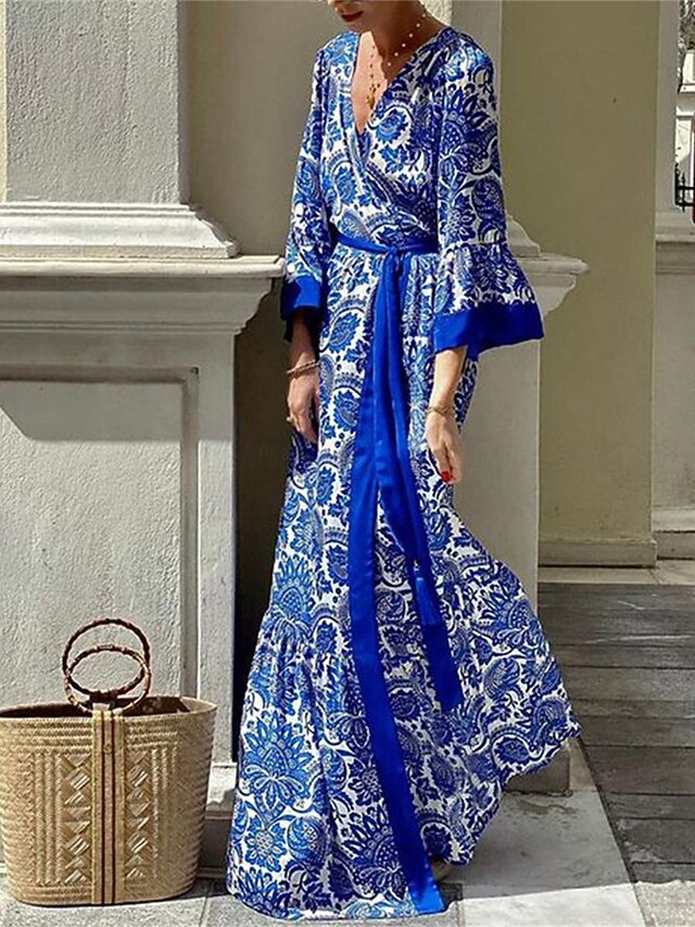Women's Casual Dress Swing Dress Floral Print V Neck Long Dress Maxi Dress Hawaiian Casual Daily Vacation 3/4 Length Sleeve Summer4