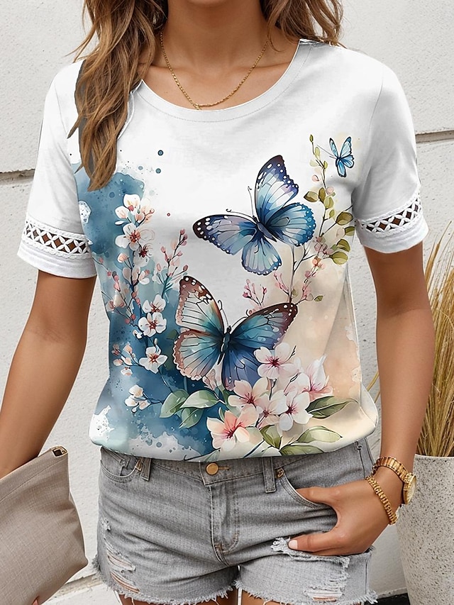  Women's T shirt Tee Floral Butterfly Lace Print Daily Short Sleeve Crew Neck White Summer