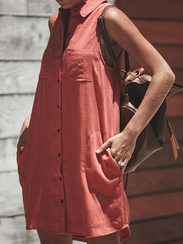  نسائي أبيض أحمر رمادي الصيف الربيع فستان قصير فساتين مستوحاة من الكتان فستان أبيض شيرت دريس أساسي الحديث مناسب للبس اليومي عطلة نهاية الاسبوع فضفاض صالح سهل قبعة القميص