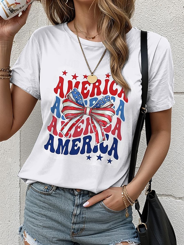  女性用 Tシャツ アメリカの国旗 日常 カジュアル 半袖 クルーネック ホワイト 夏