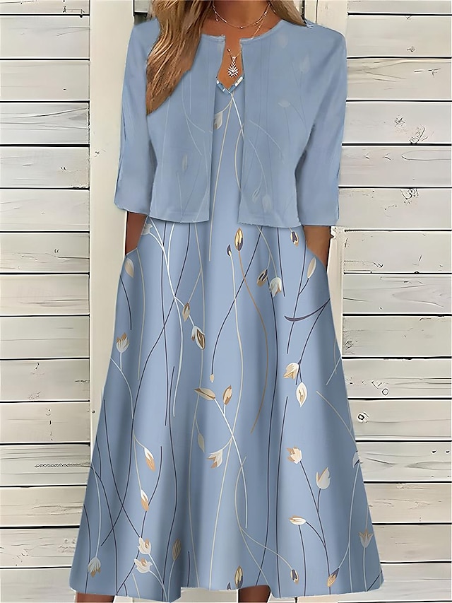  Γυναικεία Σετ φορέματος δύο τεμαχίων Καθημερινό φόρεμα Φόρεμα εκτύπωσης ΕΞΩΤΕΡΙΚΟΥ ΧΩΡΟΥ Καθημερινά Μοντέρνα Κομψό Τσέπη Στάμπα Μίντι φόρεμα Στρογγυλή Ψηλή Λαιμόκοψη Μισό μανίκι Φλοράλ Κανονικό