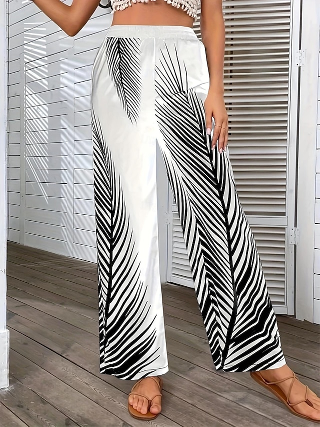  Damen Breites Bein Hosen Hose Casual Lang Blatt Weite Hosen Bedruckt Atmungsaktivität Komfortabel Unelastisch Ausgehen Wochenende Schwarz Weiß Khaki Frühling Sommer Regular Fit