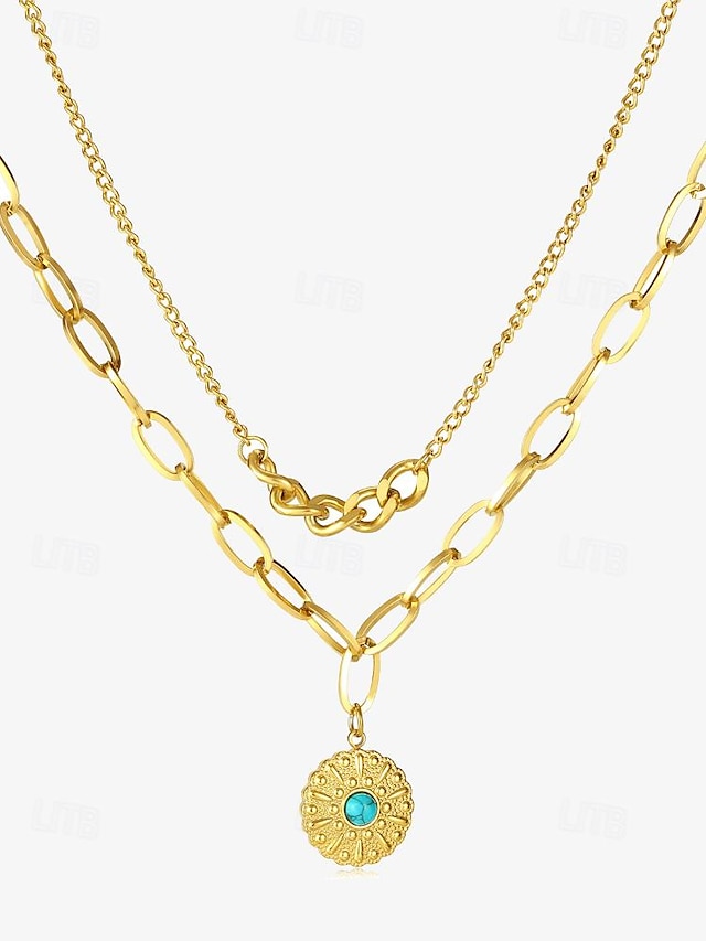  Women's Elegant Gold-Plated Chain Necklace with Turquoise Center Medallion - Durable Stainless Steel