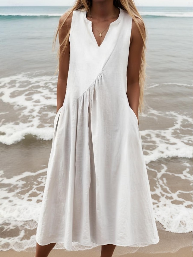  Női Fehér ruha Pamut vászon ruha Midi ruha Len Fodrozott Zseb Alap Alkalmi Napi Vakáció V-alakú Ujjatlan Nyár Tavasz Fekete Fehér Sima