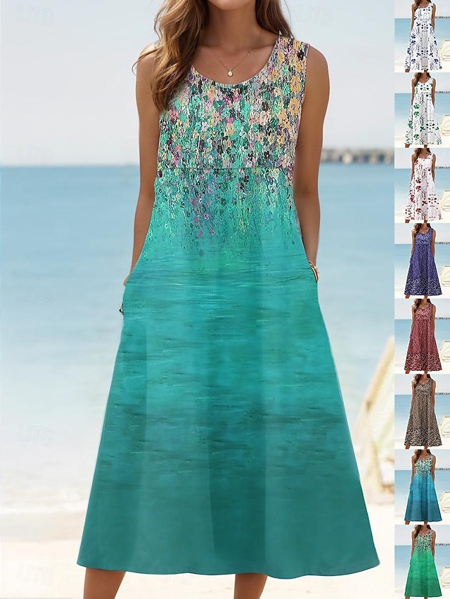  Γυναικεία Φόρεμα για τον ήλιο Αμάνικο φόρεμα Φλοράλ Στάμπα Στρογγυλή Ψηλή Λαιμόκοψη Μίντι φόρεμα Χαβανέζα Καθημερινό Διακοπές Παραλία Αμάνικο Καλοκαίρι Άνοιξη