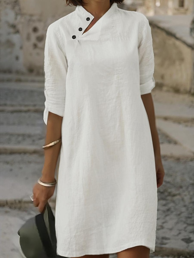  Women's White Dress Shirt Dress Cotton Linen Dress Mini Dress Button Print Basic Daily Stand Collar 3/4 Length Sleeve Summer Spring Black White Floral Plain