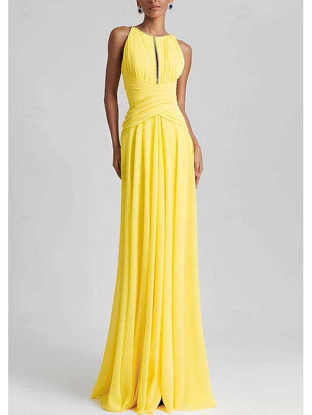 Beach Wedding A-Line Evening Gown Elegant Dress Formal Wedding Guest Floor Length Sleeveless Jewel Neck Chiffon with Rhinestone Glitter Pleats 7
