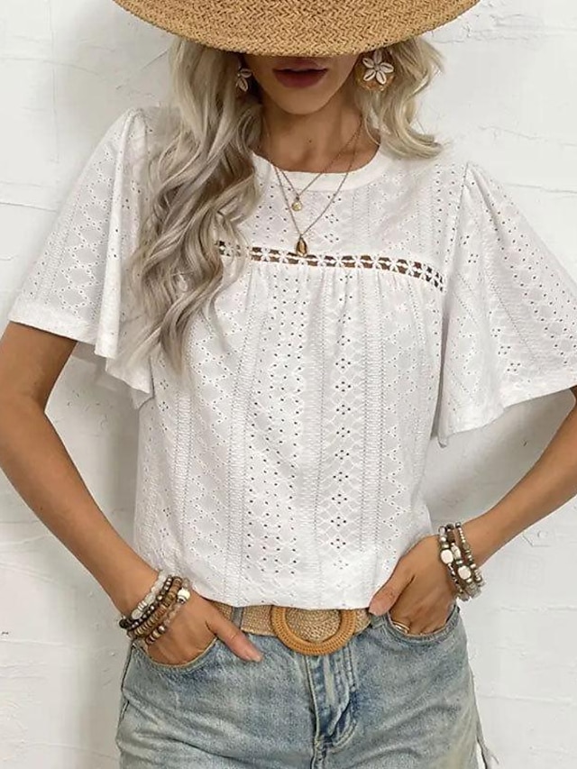  Shirt Blouse Women's White Plain Cut Out Street Daily Fashion Round Neck Regular Fit S