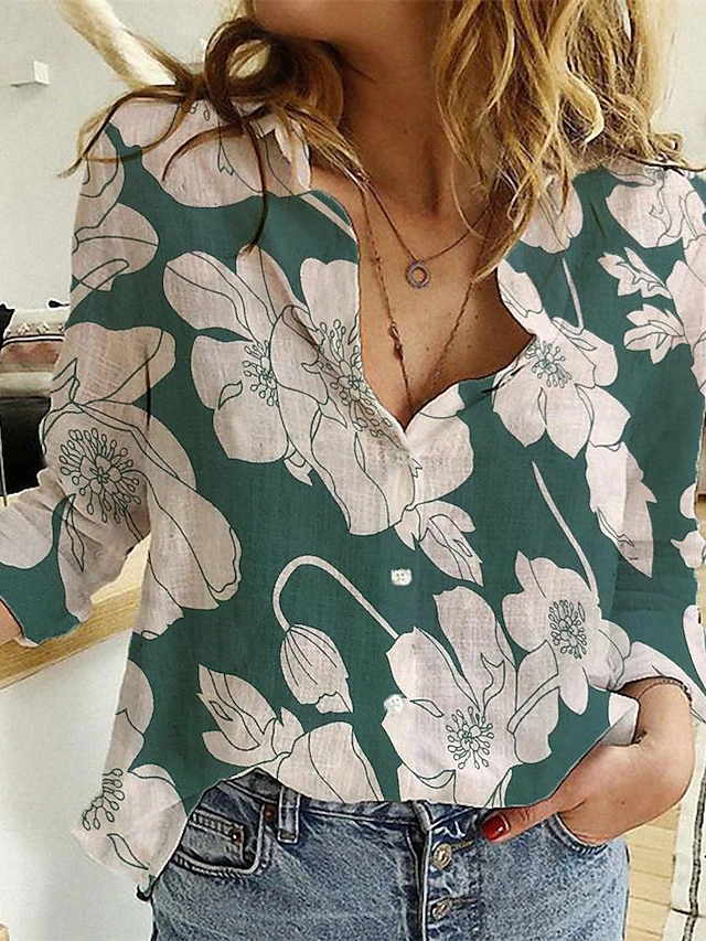 Women's Shirt Cotton Linen Shirts Button Up Blouse Floral Casual Long Sleeve Shirt Collar Regular Tops Vacation Daily Buttons Print Black Blue Green Spring & Summer 6