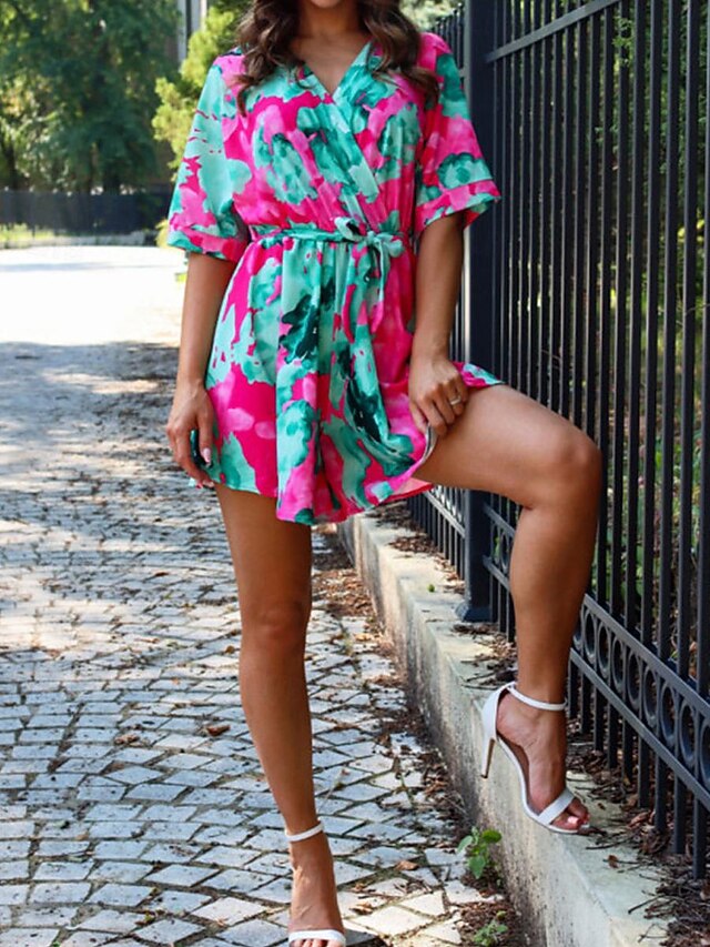 Women's Normal Romper Holiday Floral Half Sleeve V Neck Lace up Print Street Daily Regular Fit Blue Green Summer 8