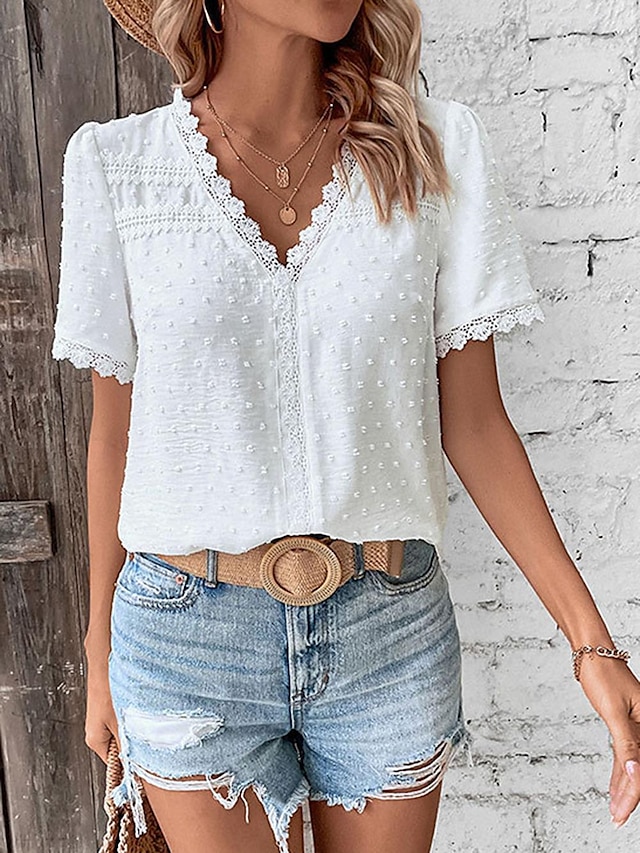  Women's Shirt Blouse Plain Lace Daily Casual Short Sleeve V Neck White Summer