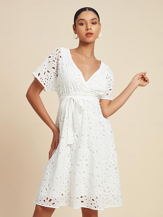 Women s 100 cotton white dress floral party a line v neck mini dress