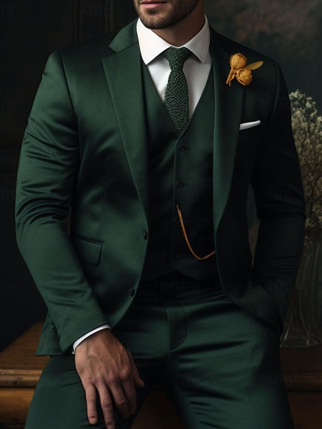  Costumes de mariage pour hommes vert foncé 3 pièces, couleur unie, coupe slim, simple boutonnage, deux boutons, 2024