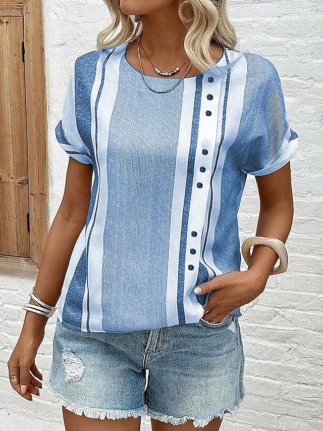  Women's Blouse Chic Striped Pattern with Button Embellishments V-neck Short Sleeve Summer Spring Casual Daily Wear Versatile Fit Gray Black Off-white