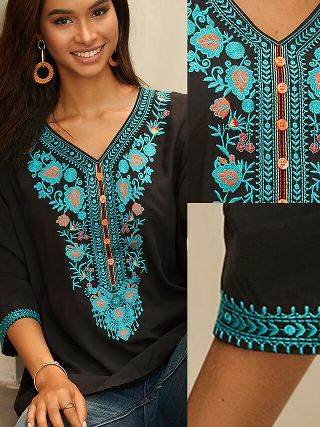 Black Cotton Hand-Embroidered Top for Women – Boho Floral Tunic with 3/4 Bell Sleeves main image 1