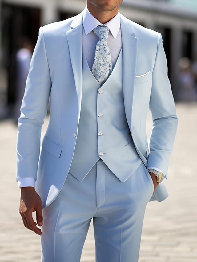  Trajes formales de boda para hombre azul gris color sólido 3 piezas ajuste estándar botonadura simple un botón 2024