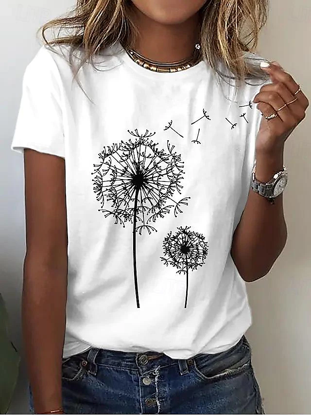 Women's Casual T-Shirt Dandelion Print Crew Neck White Short Sleeve Summer Wear Comfort Fit Daily Essential 7
