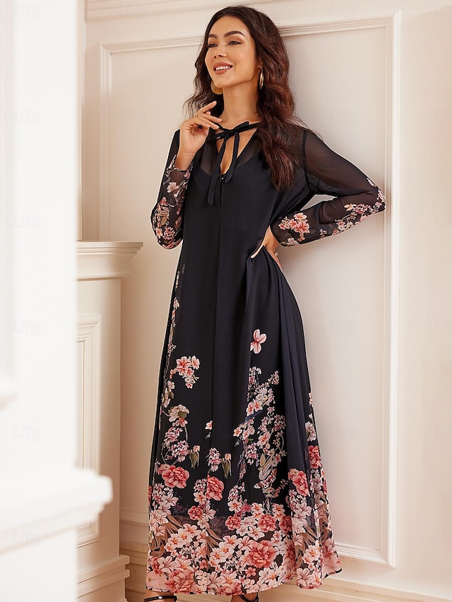  Women's Floral Graphic Print Tie Neck Long Dress Maxi Dress Long Sleeve Summer Spring