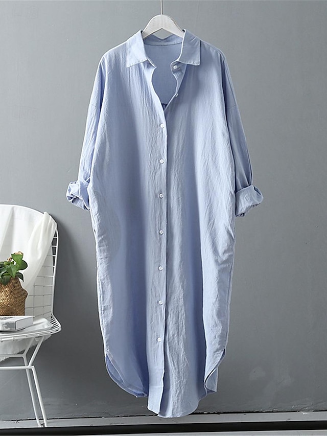  Women's White Dress Shirt Dress Cotton Linen Dress Midi Dress Office Vacation Linen Basic Casual Shirt Collar Button Long Sleeve Summer Spring Loose Fit Plain