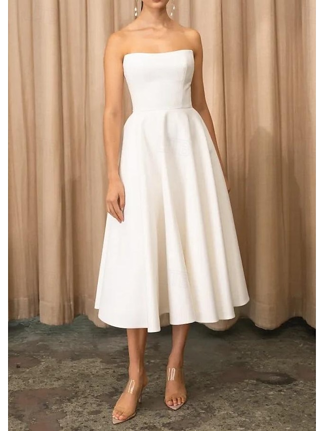  גזרת A שמלות קוקטייל אלגנטית שמלה אורחת חתונה סיום לימודים באורך הקרסול ללא שרוולים סטרפלס קרפ מתיחה עם חרוזים 2024
