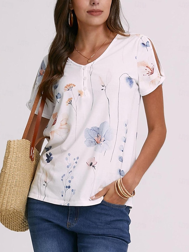  Damen T Shirt Henley Shirt Blumen Festtage Wochenende Taste Ausgeschnitten Bedruckt Weiß Kurzarm Basic Rundhalsausschnitt