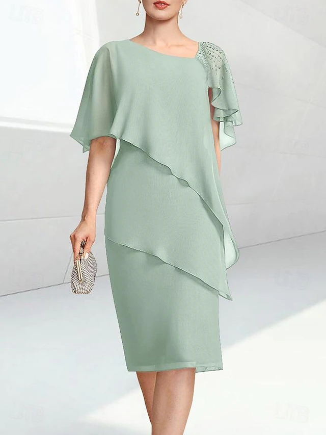 Beach Wedding Sheath Mother of the Bride Dress Elegant Jewel Neck Knee Length Chiffon Half Sleeve with Beading 11