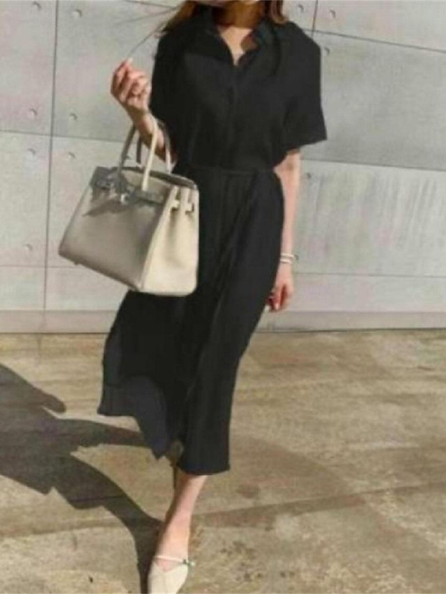  Damen Schwarz Weiß Kaki Sommer Frühling Maxidress Weißes Kleid blusenkleid Baumwoll-Leinenkleid Basic Modern Brautkleider schlicht Täglich Wochenende Lockere Passform Glatt Hemdkragen