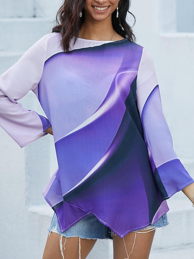  Women's Shirt Blouse Graphic Abstract Casual Print Asymmetric Hem Pink Long Sleeve Basic Neon & Bright Round Neck Spring Fall