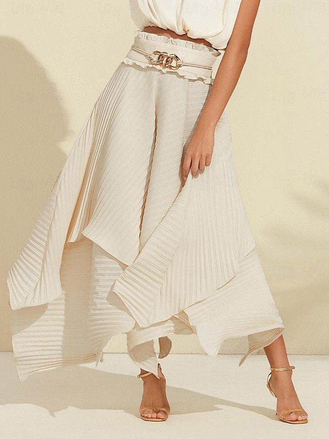  plissert maxi-skjørt for kvinner asymmetrisk lommetørklekant med belte med høy midje flytende elegant fritidsarbeid vår sommer