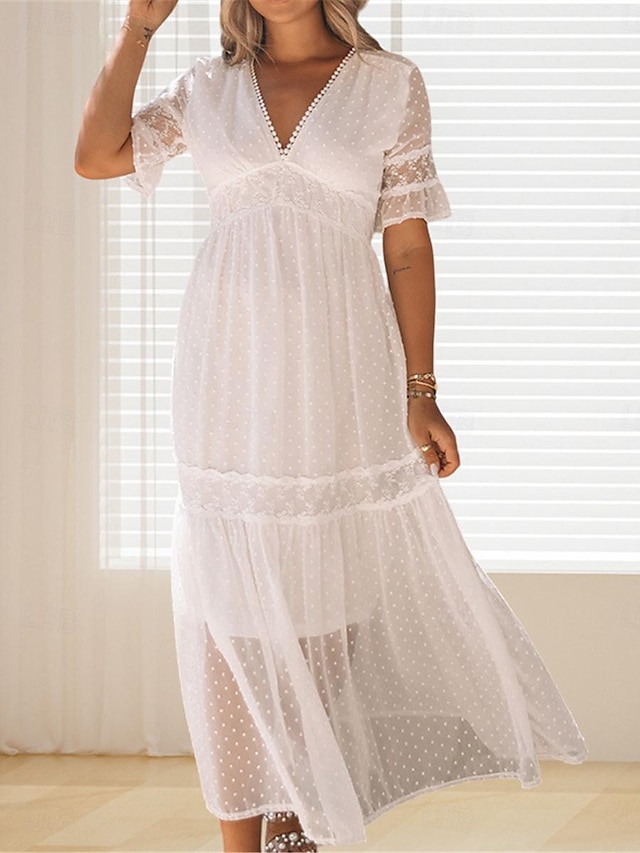  Damen Weißes Kleid Maxidress Spitze Patchwork Verabredung Urlaub Elegant Strassenmode V Ausschnitt Kurzarm Weiß Rosa Farbe