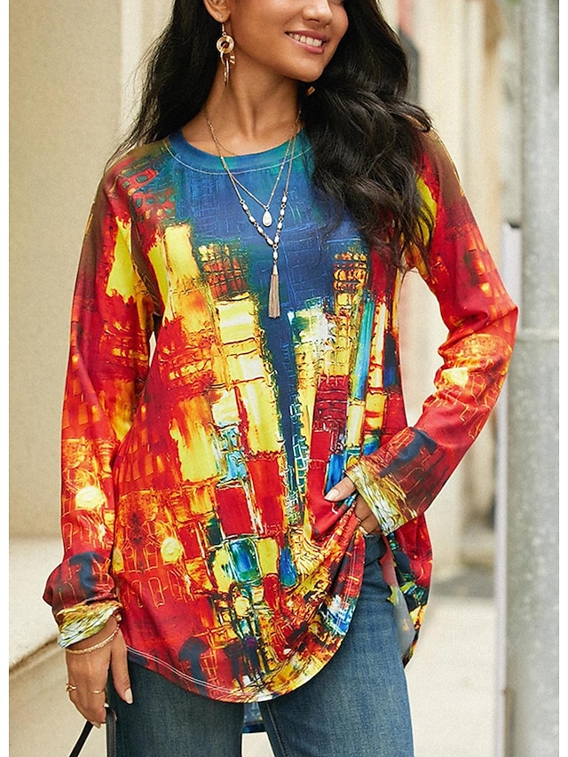  Per donna Plus Size Camicia Colorato a macchie Stampa Giornaliero Fine settimana Streetwear Tuniche Informale Manica lunga Rotonda Giallo Autunno inverno