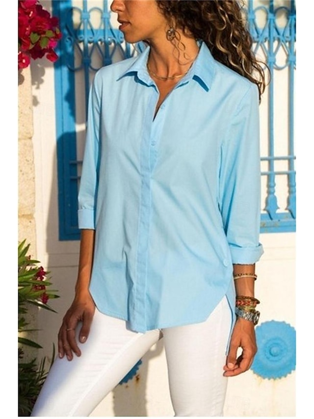  Women's Shirt Blouse Plain Button Asymmetric Hem Daily Casual Long Sleeve Shirt Collar Black Spring & Summer