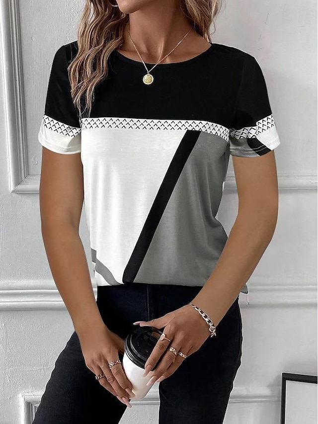  Women's T shirt Tee Color Block Print Daily Weekend Fashion Short Sleeve Round Neck Gray Summer