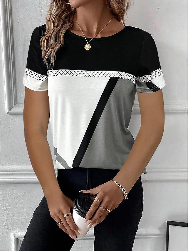 Women's T Shirt Color Block Fashion Short Sleeve Round Neck Regular Tops Daily Weekend Print Gray Summer4