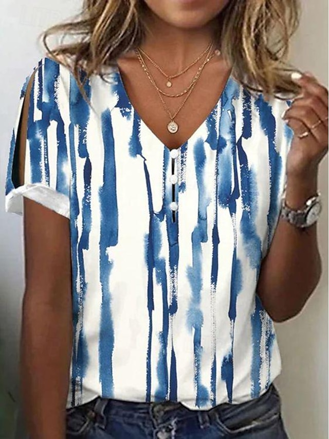  Women's T shirt Tee Tie Dye Striped Button Cut Out Print Daily Weekend Fashion Short Sleeve V Neck White Summer