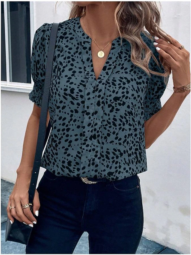 Women's Shirt Blouse Casual Polka Dot Print Short Sleeve Regular Tops V Neck Daily Pink Blue Beige Summer 11