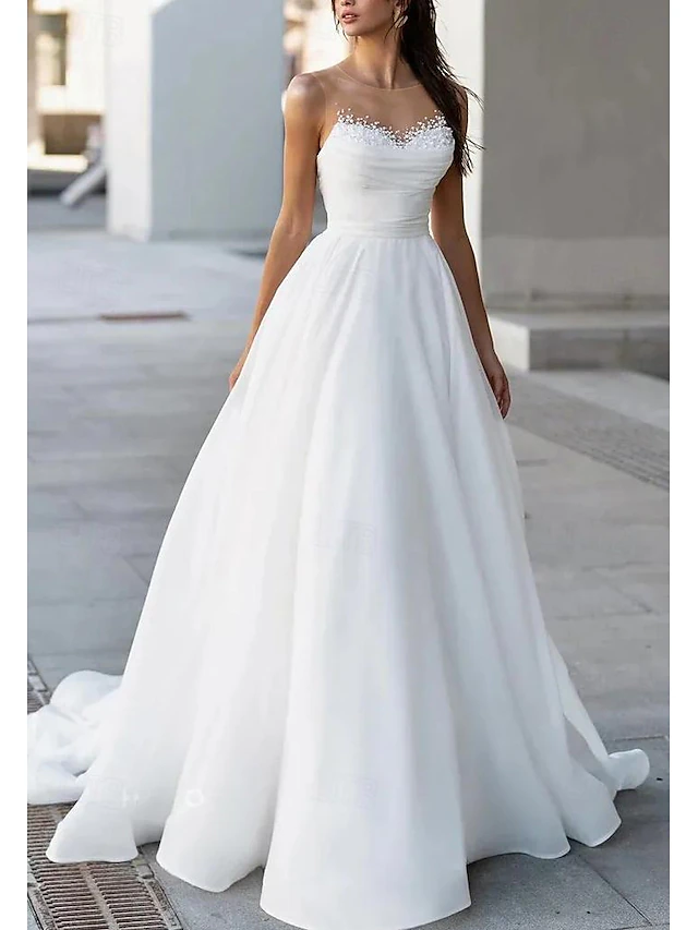 Beach Wedding Dresses A-Line Boat Neck Sleeveless Sweep / Brush Train Tulle Bridal Gowns With Solid Color 5