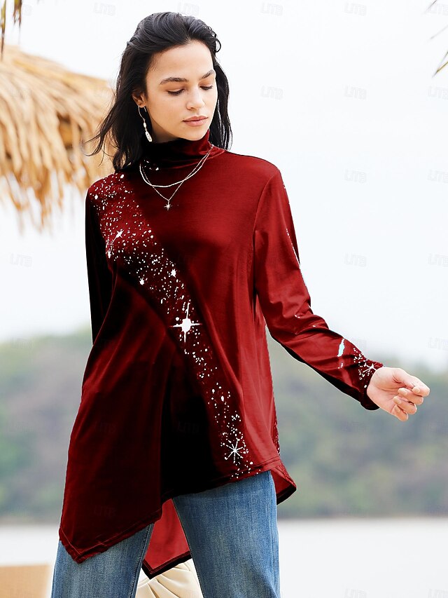 Women's T Shirt Daily Basic Print Long Sleeve Long Tops Turtleneck High Neck Casual Black Red Blue Purple Green Fall & Winter 7