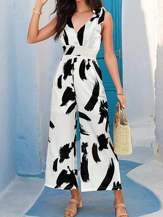 Women's Normal Jumpsuit Elegant Graphic Sleeveless V Neck Print Work Street Regular Fit White Summer 11