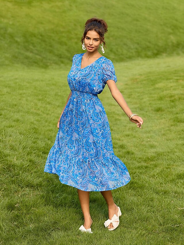 Rustic Romance Paisley V-Neck Smocked Waist Zip Front Midi Dress main image 1